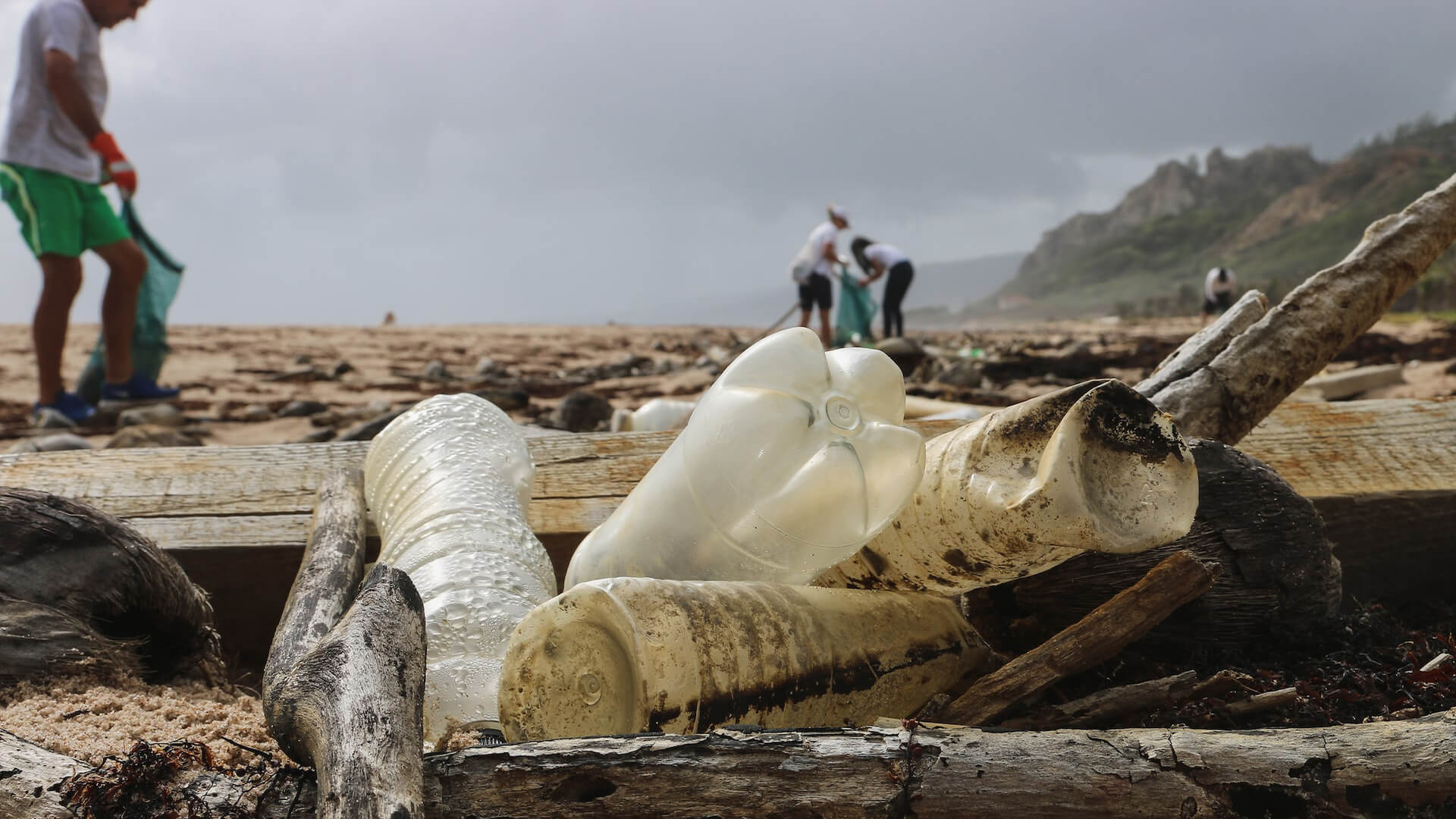 A pile of single use plastic water bottles found during a beach cleanup in Bali; Sungai Watch