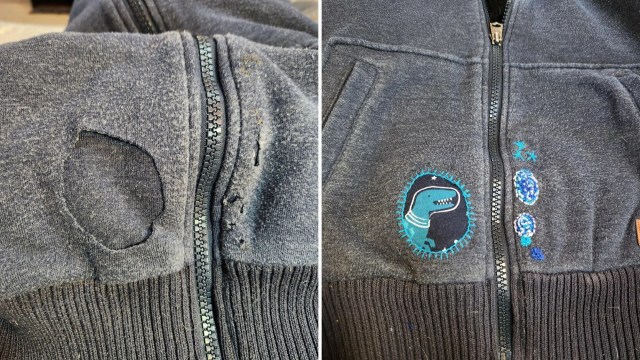 Patch hole-ridden jacket