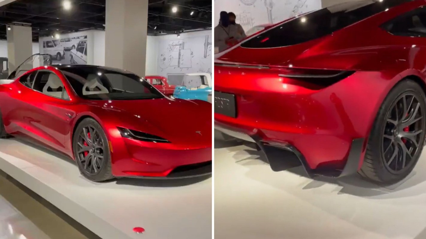 Next-generation Tesla Roadster displayed in a showroom