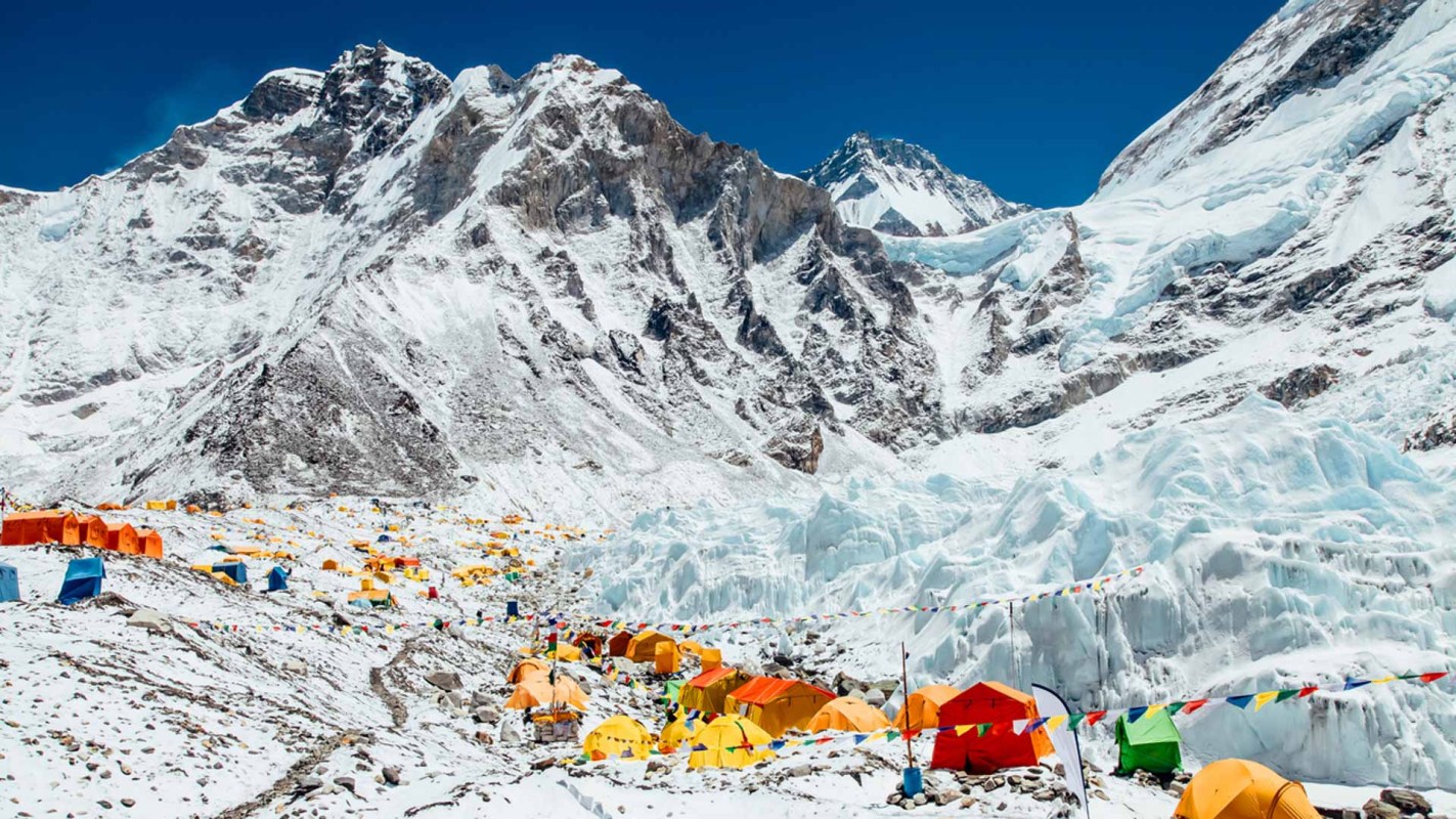 Tents and hikers on Mount Everest