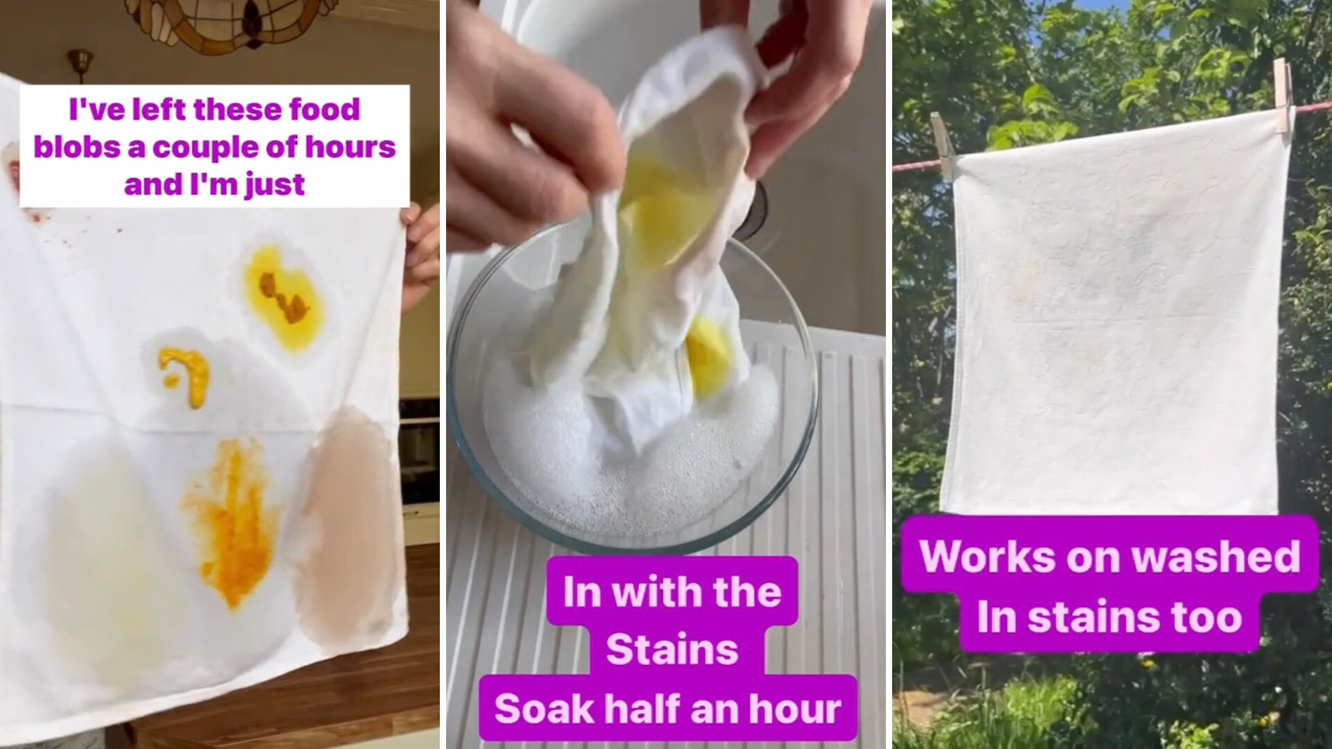 Expert demonstrates efficacy of stubborn stain removal method on white linens: 'Works on washed-in stains too'