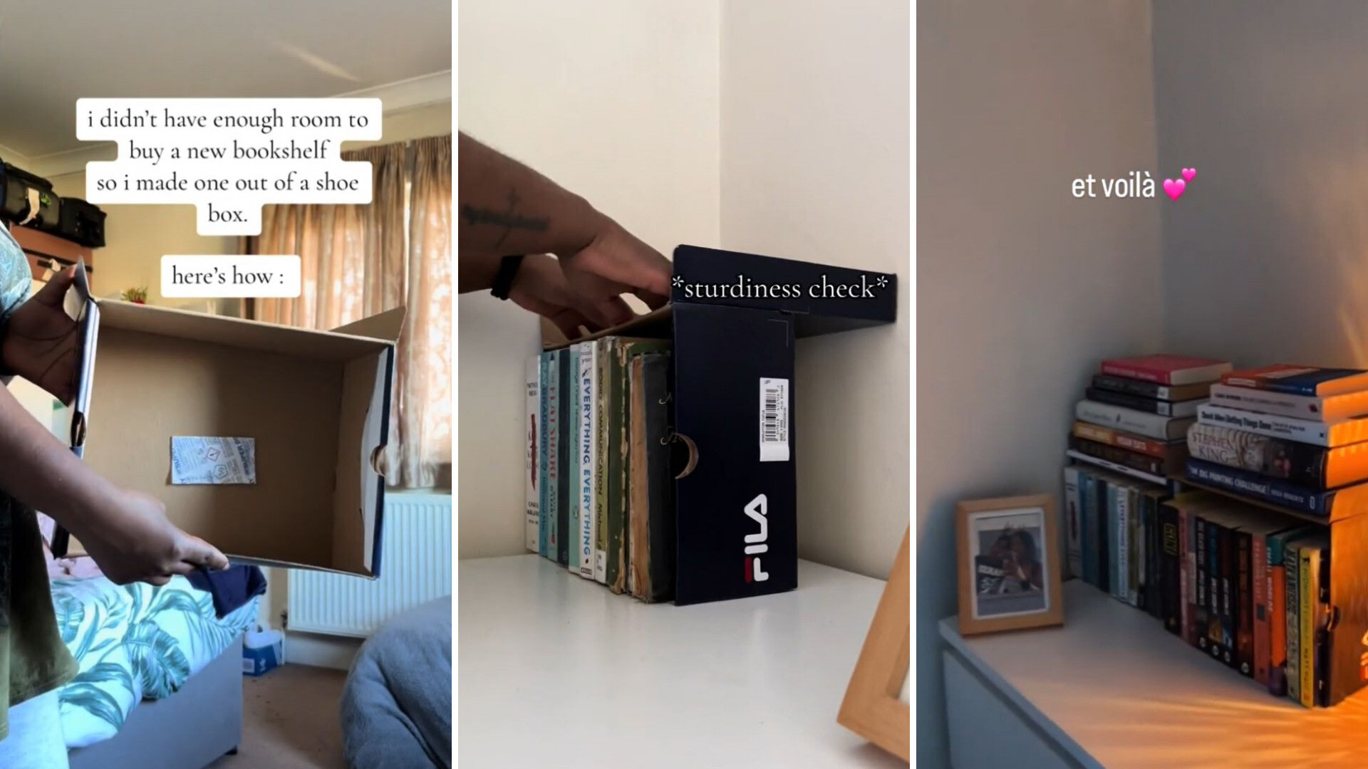 Book lover demonstrates how to cleverly use empty shoe boxes to upgrade limited space: “It’s so ingenious”