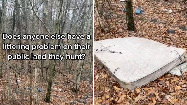 The short video shows trash littered throughout the woods, from garbage bags to an entire mattress.