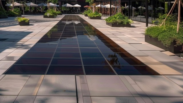 The black tiles are built to be durable enough to withstand substantial foot traffic, utilizing highly efficient solar cells to convert sunlight into electricity.