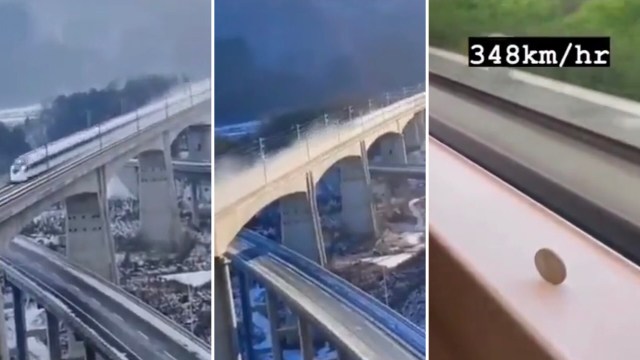 The video captures a train zooming across a snowy bridge at a mind-boggling 348 km/hr (216 mph).