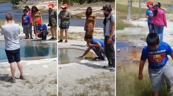 The group posed for photos close to the pools, and some people even tried to touch the hot water.